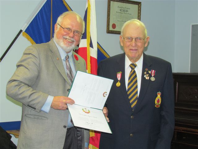Remembrance Day in Plumas, MB, awarding Diamond Jubilee Medal to John Keysers